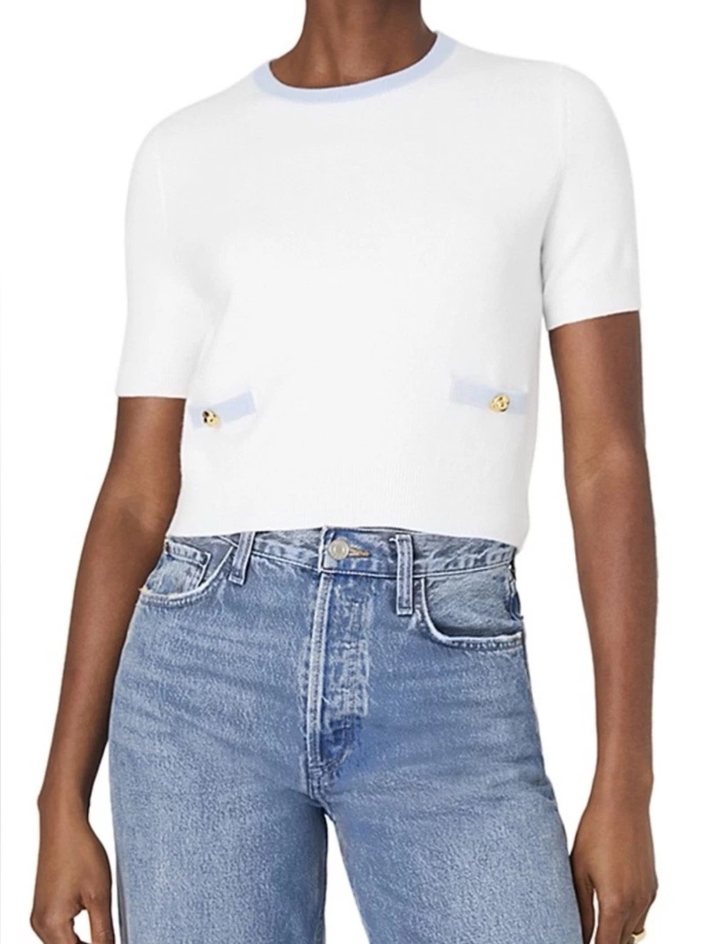 French Connection White Knit Top with Light Blue Trim